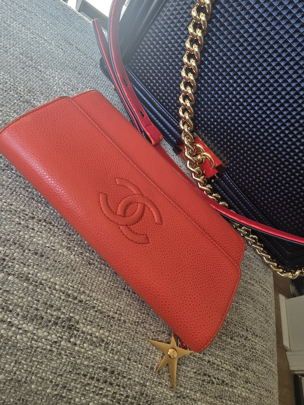 Authentic CHANEL Coral Red / Orange Caviar Leather Long Wallet